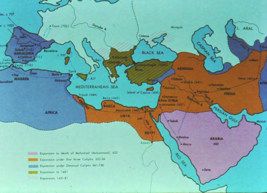 Muslim Empire! Islam spread rapidly thru the Middle East and N Africa, eventually into Europe & the Far East.