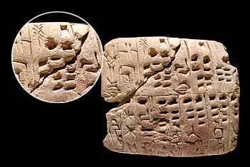 The grain on this tablet was measured using 'gurs'. The scribe used a special numbering system to represent them. This tablet records a quantity of barley. It was written in about 2900 B.C.