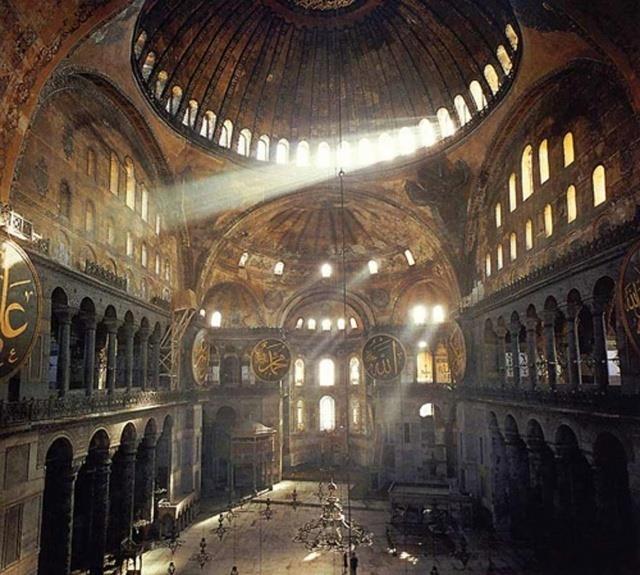 Interior of Hagia Sophia Built as a church, then used as a mosque (added minarets)