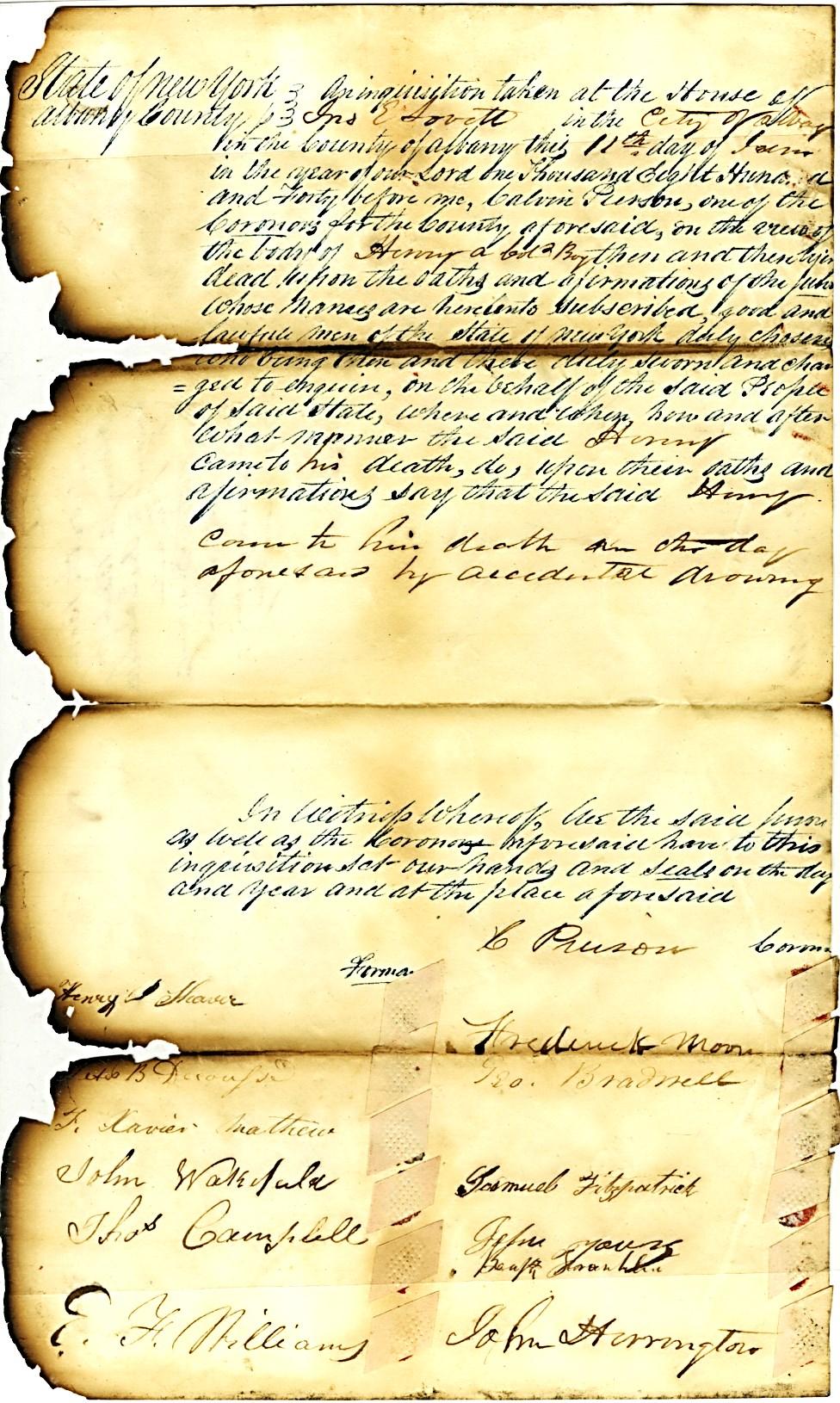 The Inquest of Henry Lovett Jackson 14-05693. Albany County Clerk. Coroner s Inquest for Henry Lovett Jackson, June 1840.