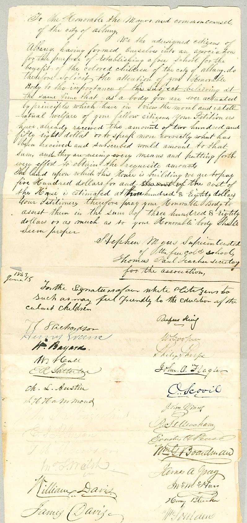 The Petition of Stephen Myers 90-00188 Albany Common Council, Petition of Stephen Myers for a Free School for Colored Children, 1843.