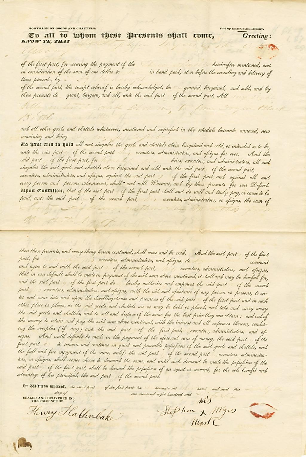 Chattel Mortgage 97-00734. Albany County Clerk, Chattel Mortgages, 1834-1837. File 816: Stephen Myers to T.F. Bancroft, Mortgage of Personal Property, 1836.
