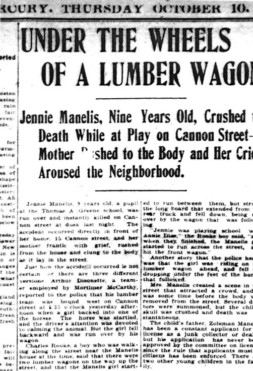 Newspaper article of Sheindel's accidental death The family story handed down for 100-plus years was true. The writer had described the scene: It was dusk; Sheindel was playing outside.