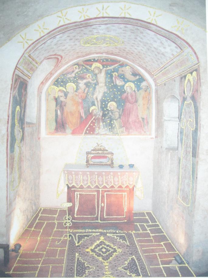 A mixed media piece I did. It is taken from a photo of the chapel in which Angelina prayed, at the Casa Beata Angelina in Foligno. This room has remained unchanged for 700 years.