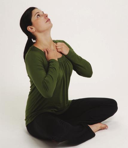 Giving Back Begin this practice sitting cross-legged or seated in a chair. Inhale as you lean backward with your back arched. Hold your full inhalation and tap on your chest.