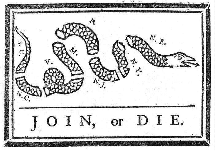 Visual Sources Day 3 Source 3 Join, or Die Benjamin Franklin Pennsylvania Gazette May 9, 1754 In 1754, the British colonies in America were facing threats from the French and Indians in the West.