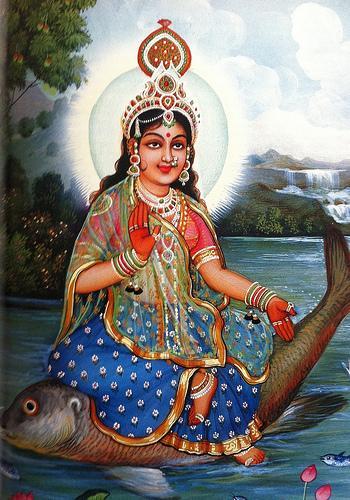 Ganga Devi is the eldest daughter of Himavanta, King of the Mountains and his wife Menaka Devi (not the Apsara Menaka). She is therefore an elder sister of the Goddess Parvati Devi.