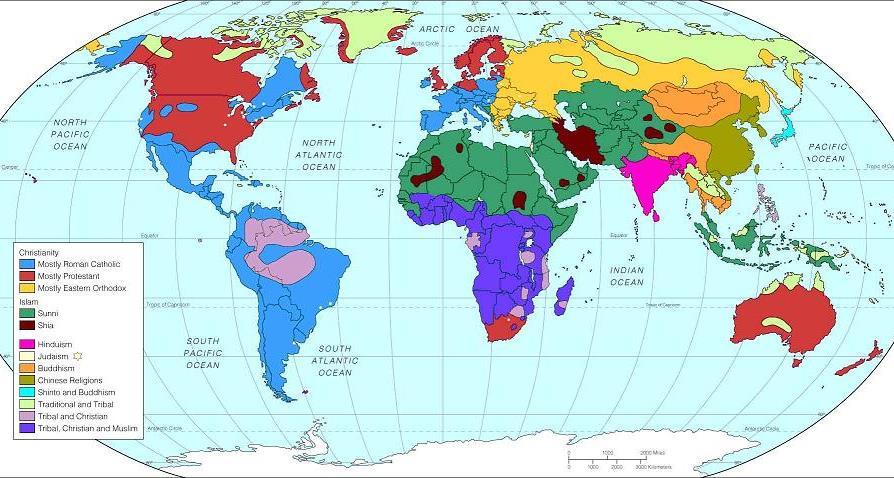 What is the correlation between this World Religion map and the Language Family map?