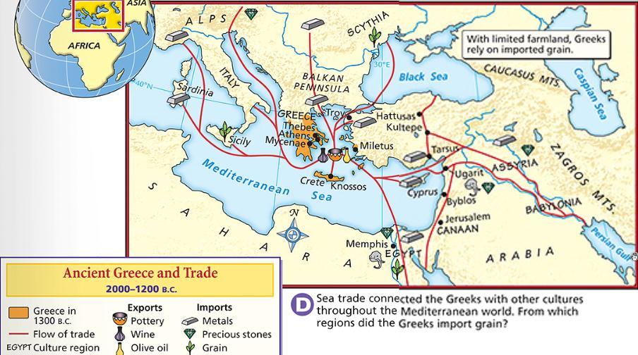 Greece s lack of natural resources and location on the Mediterranean Sea encouraged Greek trade with