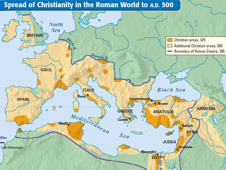 Christianity spread quickly due to roads, numerous trade routes, and common language throughout