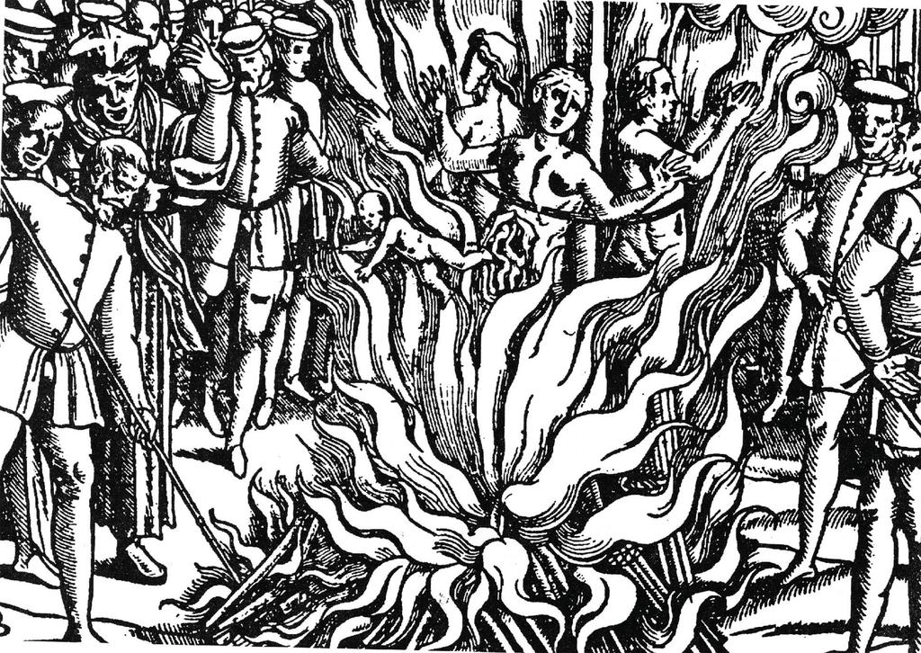 An engraving showing three women and a child being burned at the