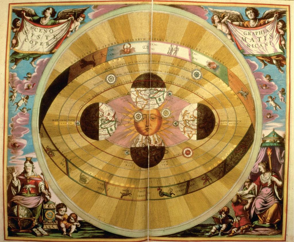 This 1543 map of the heavens based on the writings of Nicholas Copernicus shows the earth and the other planets moving about the sun.