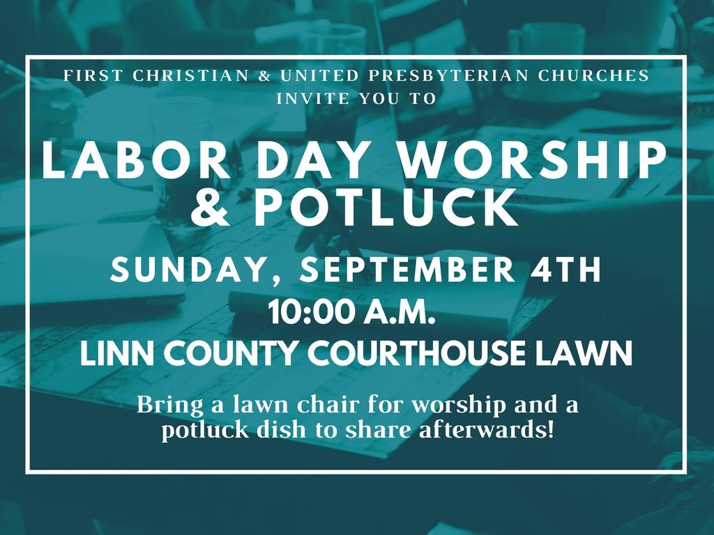 Special music, sharing, celebrating (If it rains, we will worship in the FCC sanctuary) Please bring lawn chairs for the worship service. For the Potluck afterwards, please bring a dish to share.