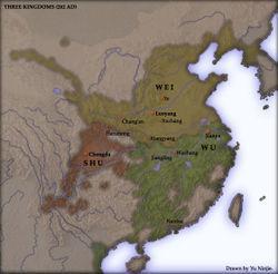 The Three Kingdoms period is a period in the history of China following immediately the loss of de facto power of the Han Dynasty emperors. The three kingdoms were Wèi, Shǔ, and Wú.