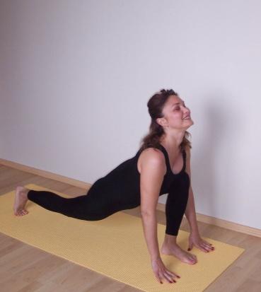 Step 3: Ashva Sanchalanasana While inhaling take the right foot back as far as possible keeping your palms on the ground.