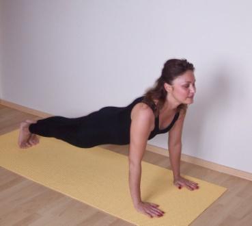 Step 4: Chaturanga Dandasana While exhaling take the left leg also back, resting only on palms and toes.
