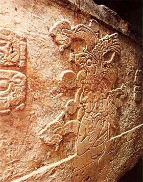 Below (Figure 55) is the portrait of Kan Bahlam I from the west side of the sarcophagus of K inich Janaab Pakal. He can be identified by his headdress, part serpent (kan) and part jaguar (bahlam).