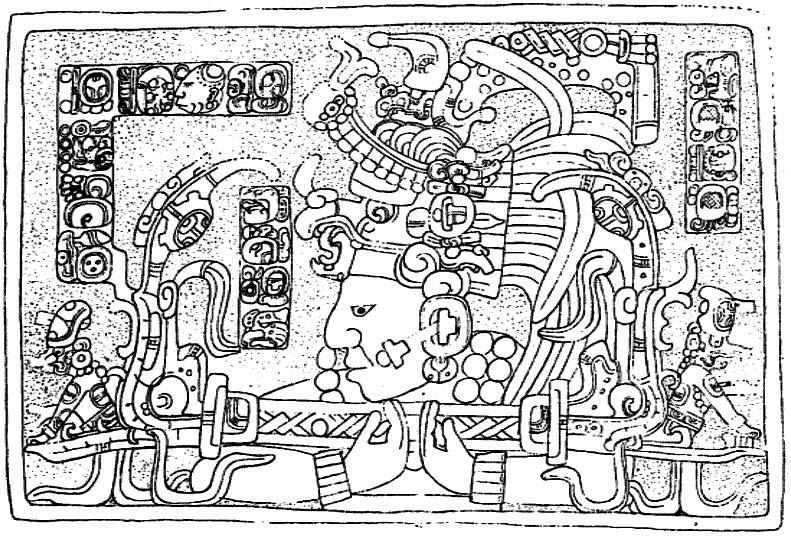 Figure 75. Lintel 4 from Structure 6 at Bonampak, with detail of the glyphs at left (drawing by Ian Graham).