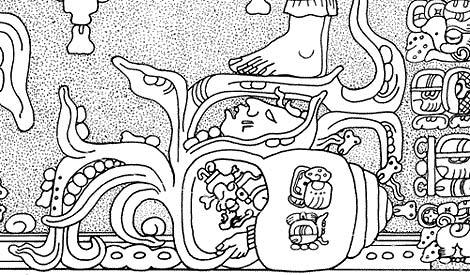 Figure 94. Detail of the Tablet of the Foliated Cross. Mat also appears in the name of the supernatural location where the gods of the Palenque Triad are born.