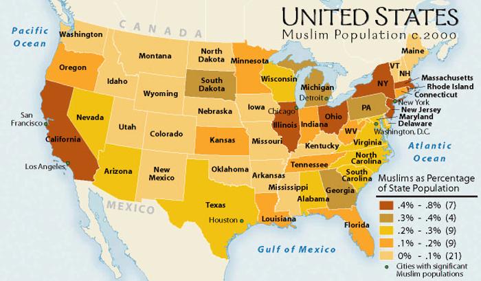United States: Muslim Population Circa 2000 Because the U. S. Census does not collect information on religious affiliation of residents in the nation, there are no exact figures on the number of Muslims in the country.