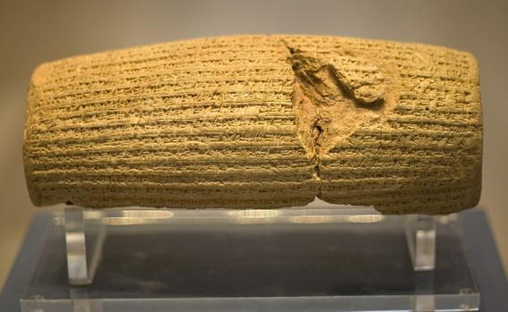 The First Charter of Human Rights A baked-clay Aryan language (Old Persian) cuneiform cylinder, discovered in 1878 in Babylon, now in the British museum.