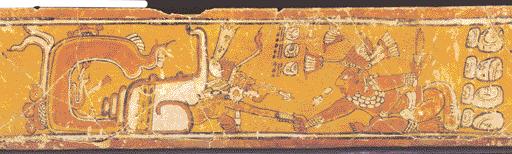 9), he is portrayed in the role of the leader in this conclave at the Maya dawn of time, 8 Ahaw 4 Cumku (August 13, 3114 B.C., in our calendar).