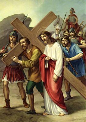 The Second Station - Jesus Carries His Cross The heavy wooden cross is strapped to the back of Jesus. Jesus begins his walk and struggles to carry the weight. Jesus did not simply carry a cross.