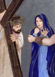 The Fourth Station - Jesus Meets His Mother As Jesus carries the weight of the cross and of the world on His shoulders, His mother, Mary sorrowfully watches her Son throughout the long and painful