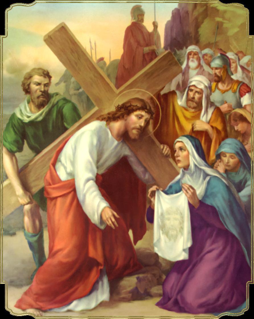 The Sixth Station - Veronica wipes the face of Jesus During the sixth Station of the Cross, a peasant named Veronica came out of the crowd to wipe the face of Jesus because He was previously beaten,
