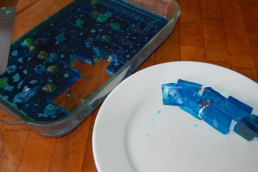 (Use an 8x8 baking dish to make the Jigglers thicker.) o OPTIONAL: Add Fruit Snack shaped like fish, after it cools a few minutes. Allow Jigglers to cool in the refrigerator.