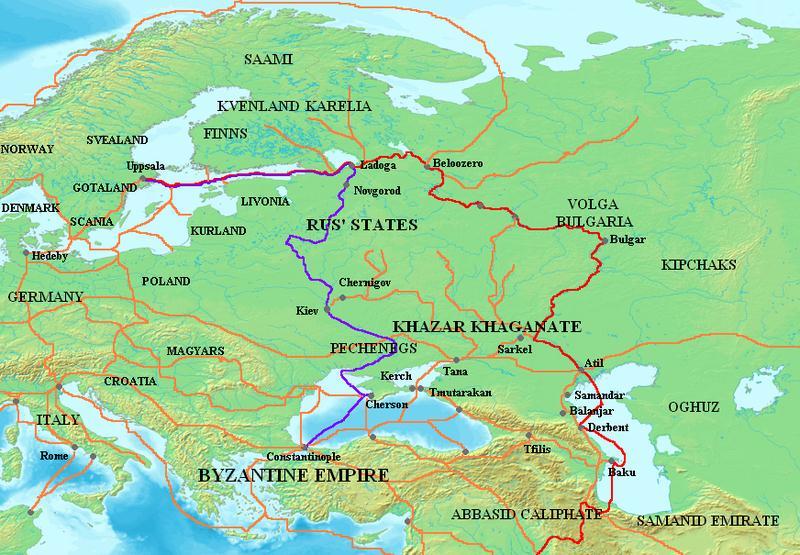 Trade Routes for Kievan Rus Map showing the major Rus' trade routes, the Volga trade route (in red) and the Trade