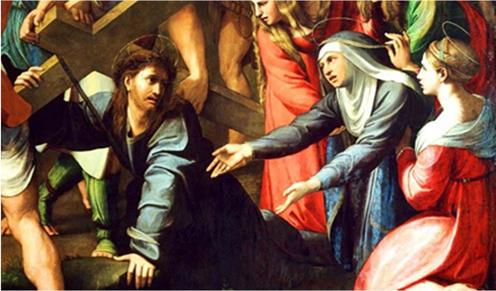 Mary and Jesus meet on the way to Calvary when He is carrying His cross. The Crucifixion of our Lord when Mary stood at the foot of the cross.
