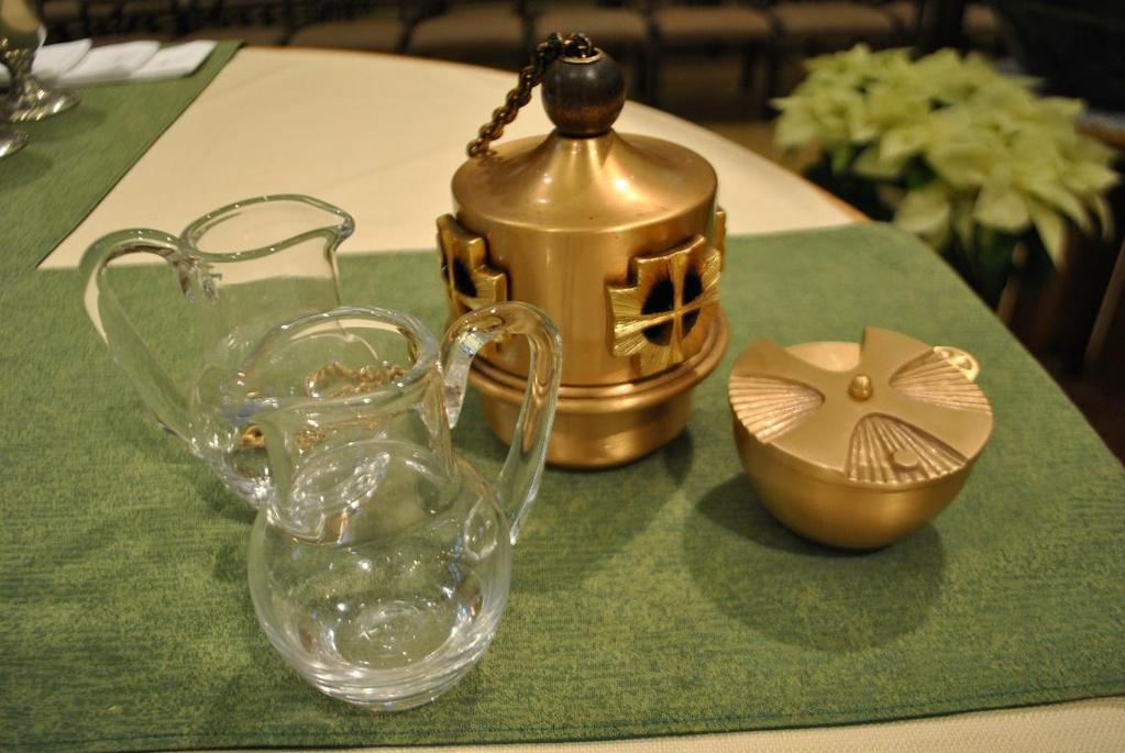 Other items used for the celebration of the Eucharist include: A Corporal - the linen cloth spread by the priest on the Altar upon which are placed the Paten(s) and Chalice(s).
