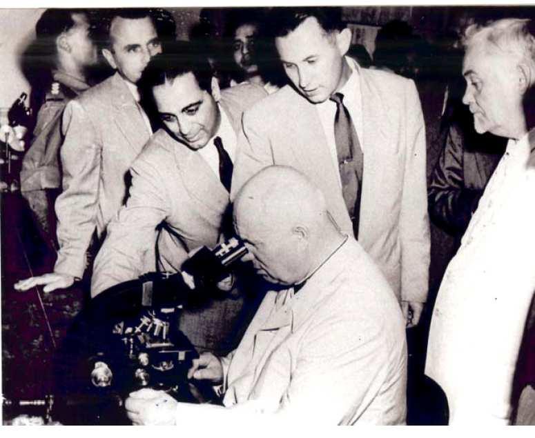Figure shows Dr. Bhabha showing an elementary particle event to Nikita Kruschev During 1958-1960, I was visiting the Scripps Institution of Oceanography (SIO).
