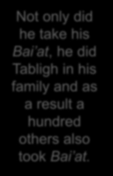 Burkina Fosa Not only did he take his Bai at, he did Tabligh in his family and as a result a hundred others also took