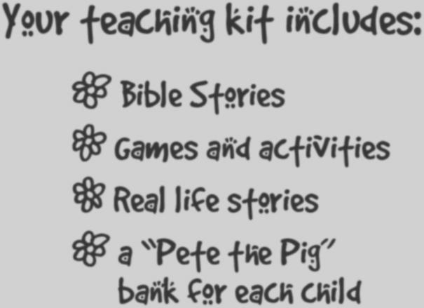 Lesson material includes: teacher s guide for one class material for a 20-40 minute class ages 5-8 or 9-12 student kits including a piggy bank for each child Based on Bible stories from the Old and
