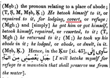 One notes the Arabic usage of awaynahuma and the inherent verb, awa denoting shelter, protection, refuge and retirement. It also can carry the nuance of covert refuge.