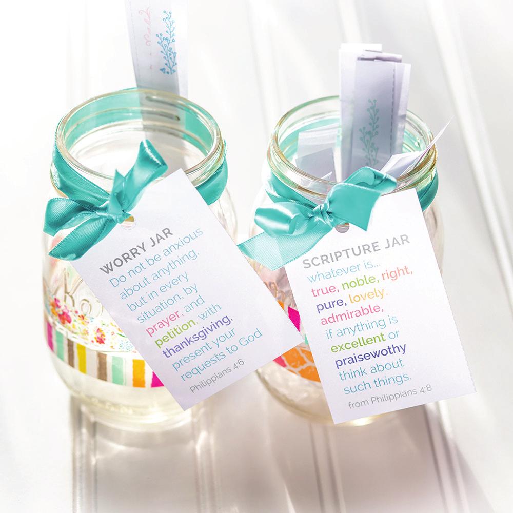 Tie ribbons around the mouths of the jars while attaching one gift tag to each ribbon. 4.