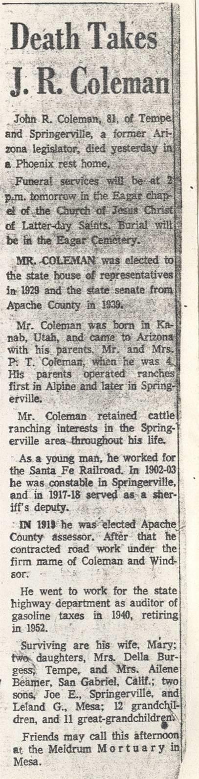 John Robert Coleman Obituary Death takes J.R.Coleman John R.