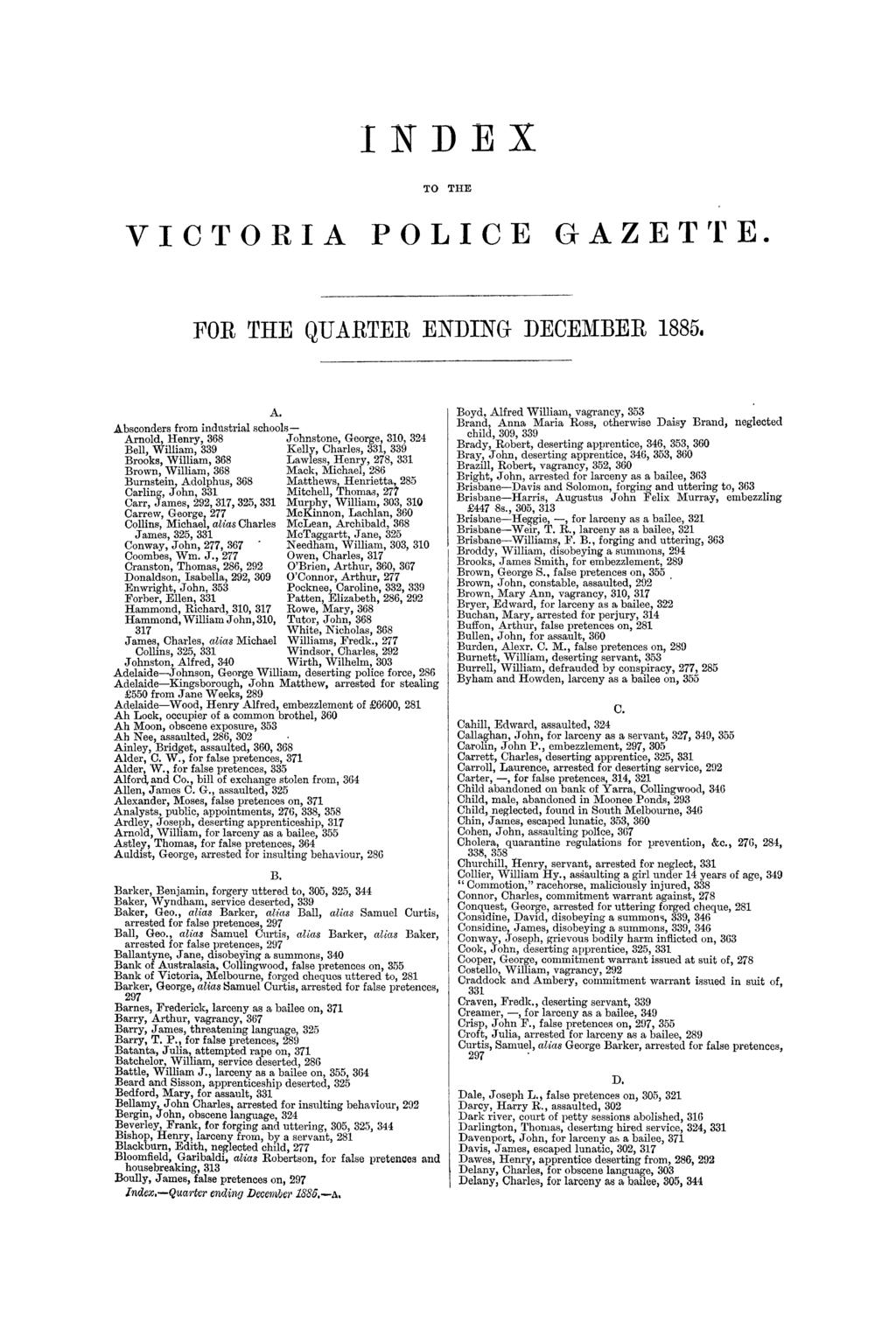 I NDEX TO THE VICTORIA POLICE GAZETTE. FOR THE QUARTER ENDING DECEMBER 18854 A.