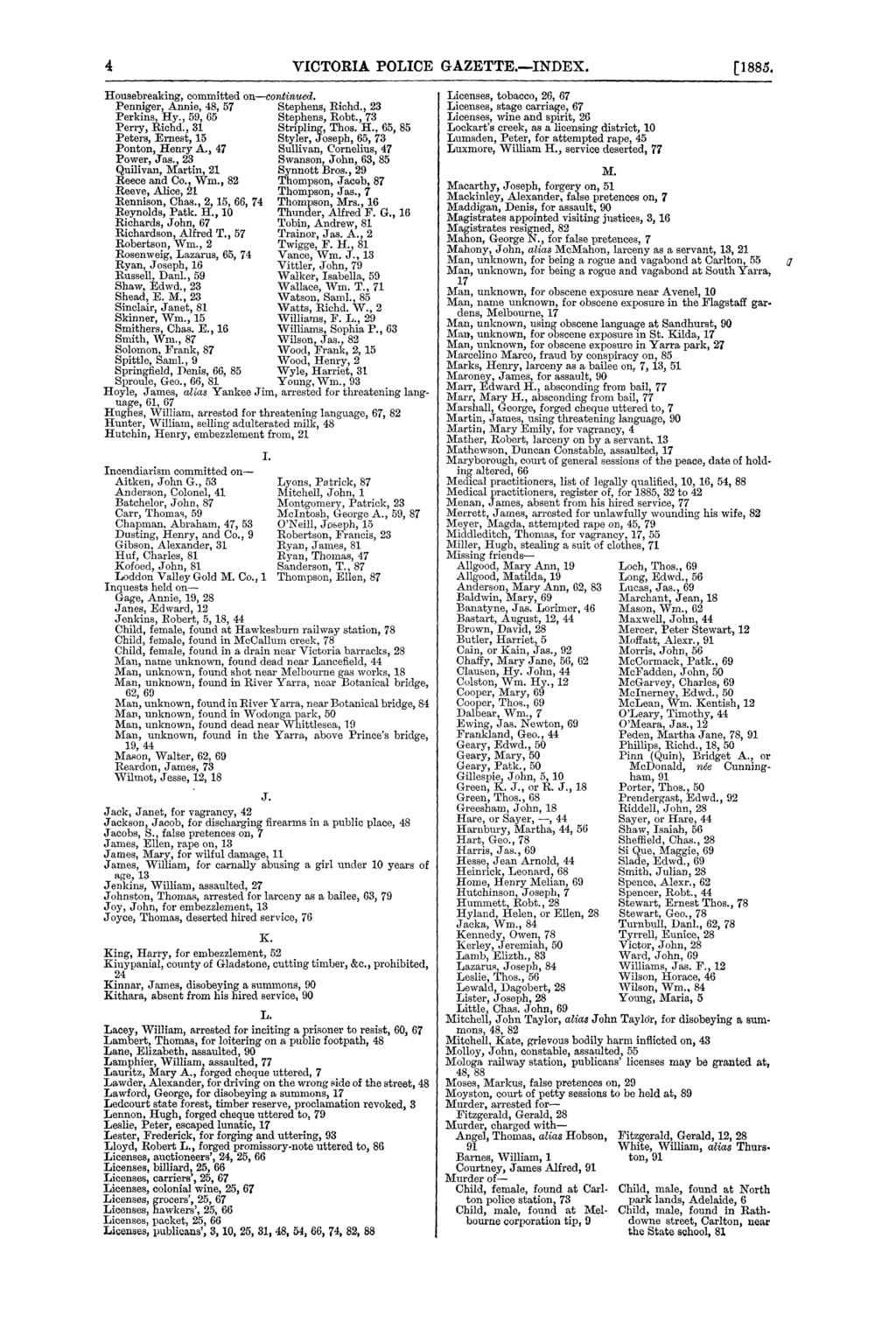 4 VICTORIA POLICE GAZETTE.-INDEX. [1885. Housebreaking, committed on-continued. Penniger, Annie, 48, 57 Stephens, Richd., 23 Perkins, Hy., 59, 65 Stephens, Robt., 73 Perry, Richd., 31 Stripling, Thos.