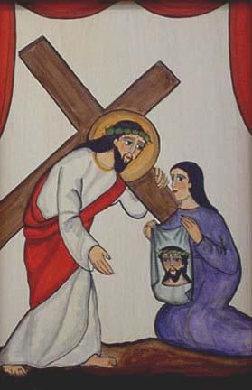 Sixth Station Veronica wipes Jesus face Blood from the crown of thorns and sweat from the hard work of carrying the cross mix in Jesus face. This is not an easy way to show love.