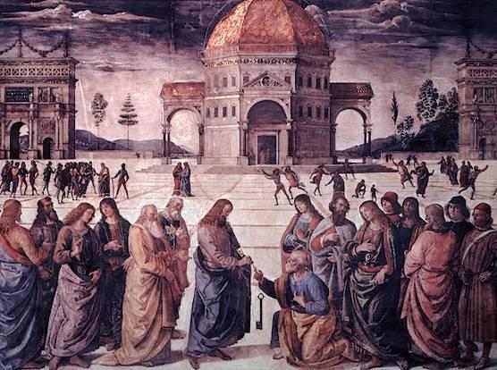 Jesus Christ giving Saint Peter the keys to the kingdom of heaven. Catholic doctrine says that Jesus made Saint Peter the first pope. This established a link between Jesus and the papacy.