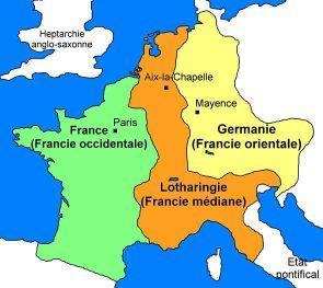 814: Charlemagne died Charlemagne s grandsons fought over the empire 843 = Treaty of Verdun - Heirs divided Carolingian Empire - East (Germany), West