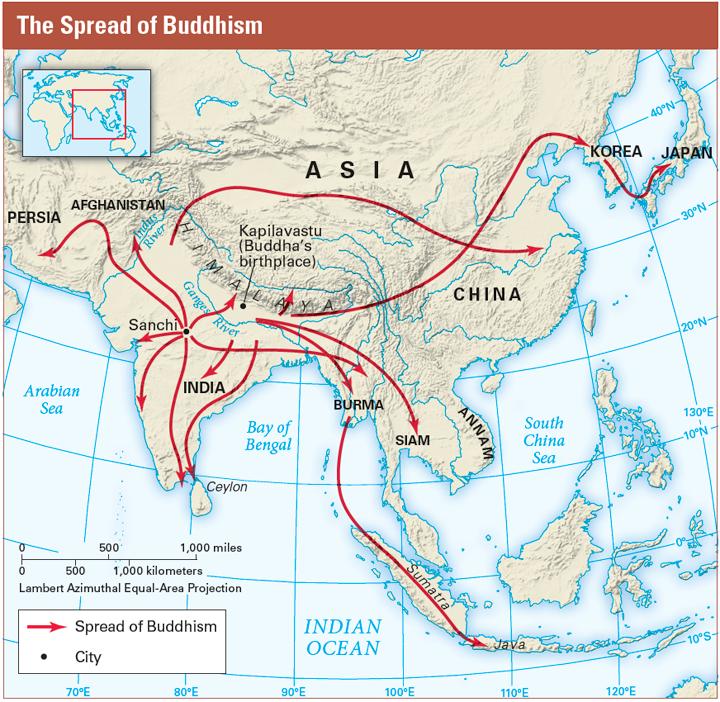 During his reign, King Ashoka worked to spread Buddhist beliefs across the Mauryan Empire and beyond its borders.