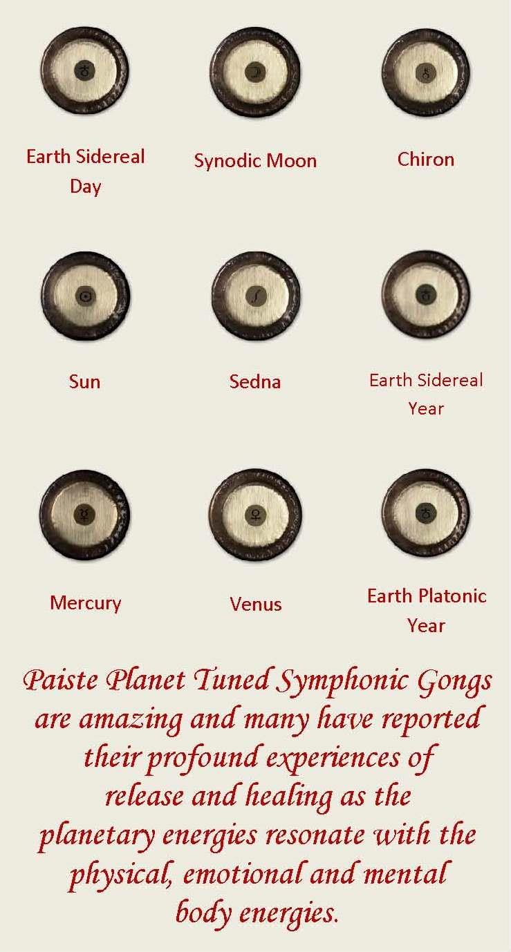 Experience the amazing gong bath healing vibrations with 9 Paiste Planet Tuned Harmonic Gongs.