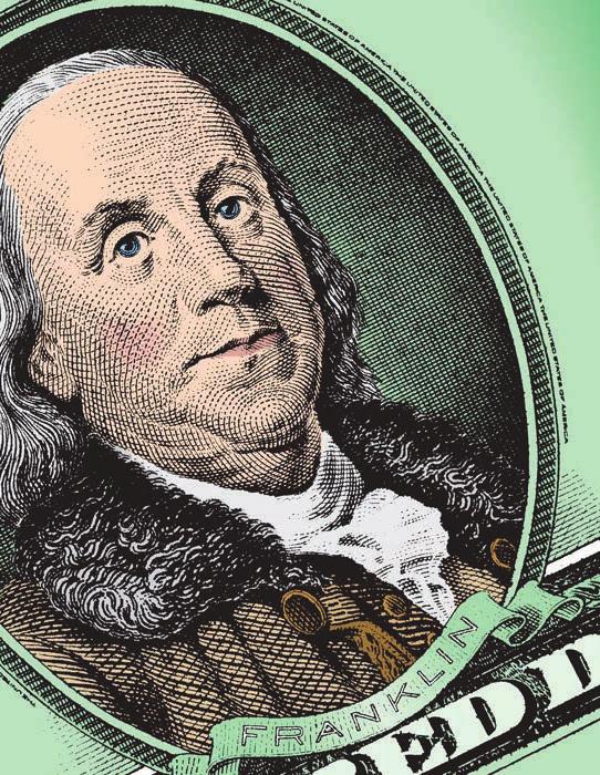 FRANKLIN PROPOSED paper money to replace gold and silver coins. His portrait appears on the $100 bill. Today the only other note that does not feature a U.S. president is the $10 bill.