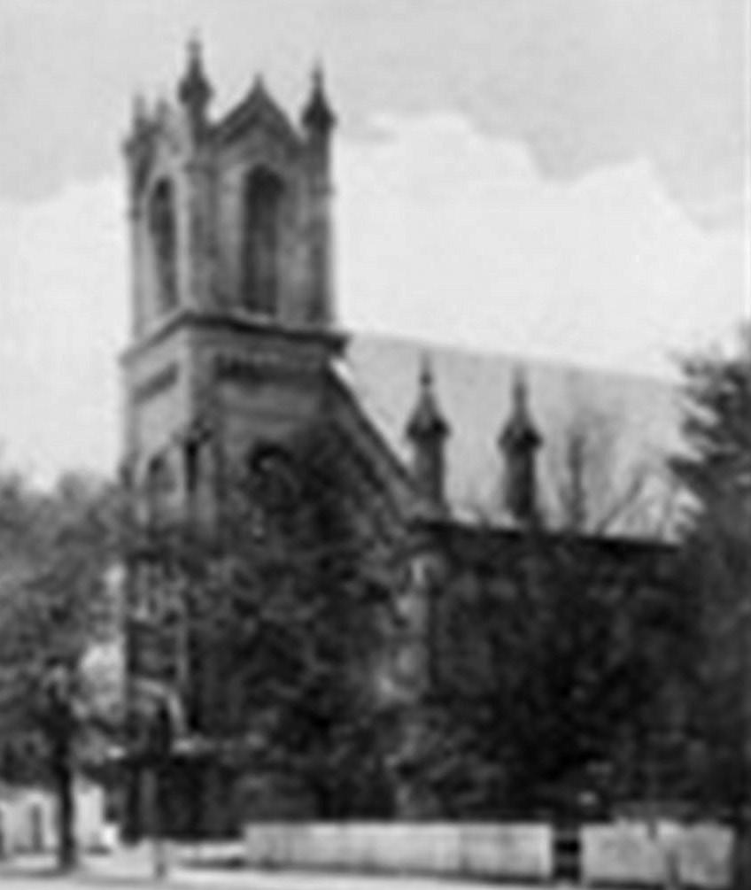 The second Methodist church is shown in the background. The third Methodist church, in the foreground, still stands on Third Street today.