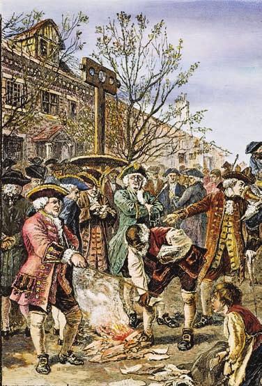 There, he began building his fortune as a merchant. American colonists protested the Stamp Act by burning paper goods.