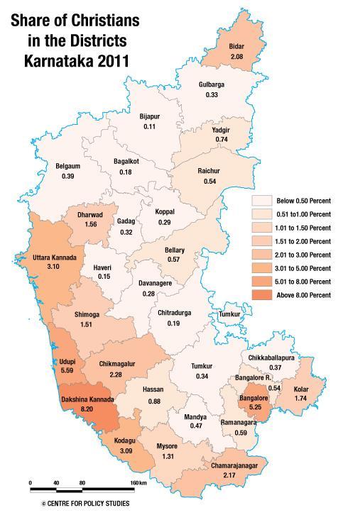 Christians of Karnataka are also largely urban Like the Muslims of Karnataka, Christians of this State are also largely urban. Of 11.43 lakh Christians counted in 2011, 8.